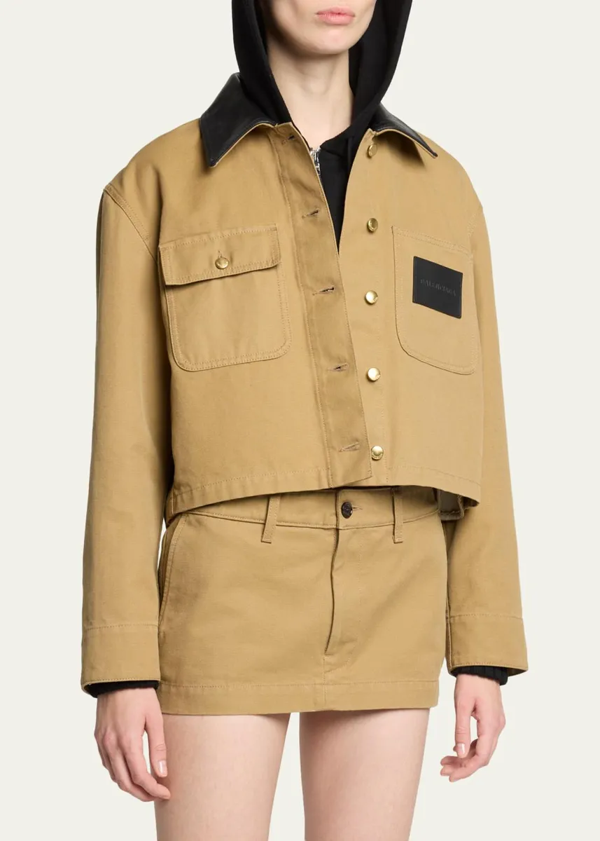 Balenciaga Leather-Collar Cropped Canvas Workwear Jacket | Thumbnail 4