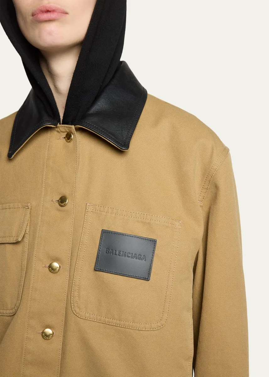 Balenciaga Leather-Collar Cropped Canvas Workwear Jacket | Thumbnail 5