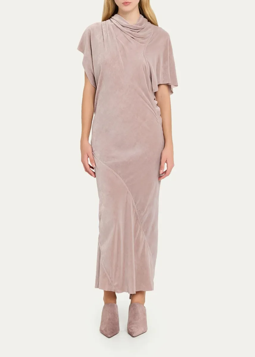 Rick Owens Seb Draped Velvet Asymmetric Short-Sleeve Midi Dress | Thumbnail 2 Rick Owens Seb Draped Velvet Asymmetric Short-Sleeve Midi Dress | Thumbnail 2