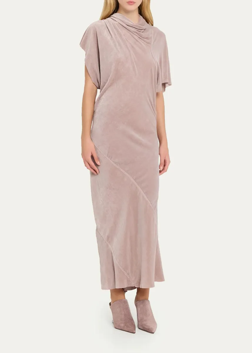 Rick Owens Seb Draped Velvet Asymmetric Short-Sleeve Midi Dress | Thumbnail 4 Rick Owens Seb Draped Velvet Asymmetric Short-Sleeve Midi Dress | Thumbnail 4