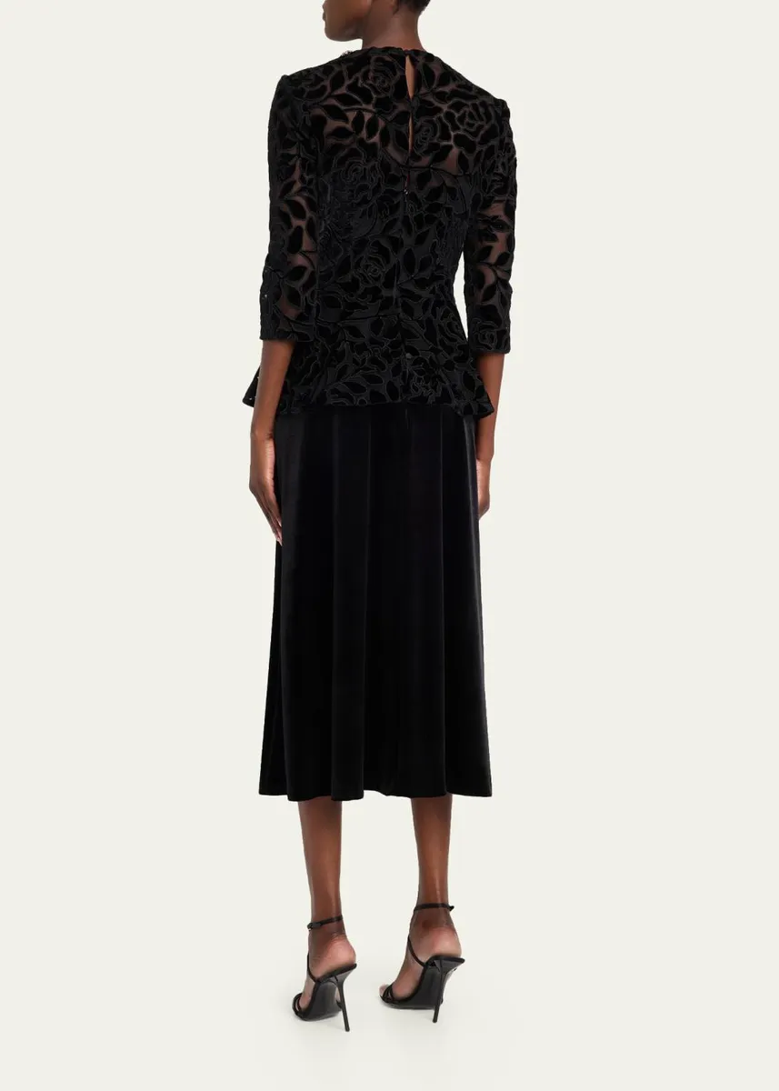 Rickie Freeman for Teri Jon Rhinestone-Trim Floral Velvet Crepe Midi Dress | Thumbnail 3