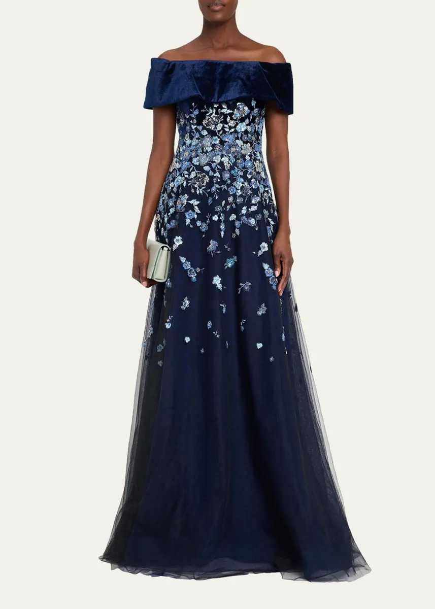 Rickie Freeman for Teri Jon Velvet & Floral-Embroidered Tulle Off-The-Shoulder Gown | Thumbnail 2 Rickie Freeman for Teri Jon Velvet & Floral-Embroidered Tulle Off-The-Shoulder Gown | Thumbnail 2