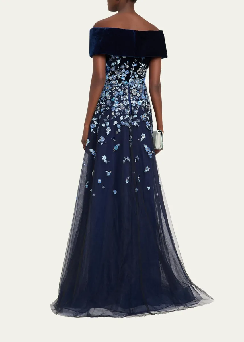 Rickie Freeman for Teri Jon Velvet & Floral-Embroidered Tulle Off-The-Shoulder Gown | Thumbnail 3 Rickie Freeman for Teri Jon Velvet & Floral-Embroidered Tulle Off-The-Shoulder Gown | Thumbnail 3