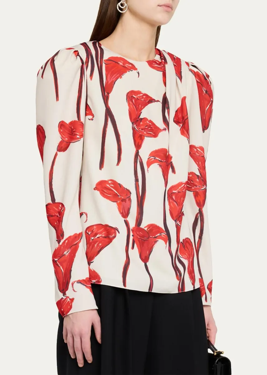 Carolina Herrera Cala Lily Crepe Draped-Sleeve Blouse | Thumbnail 4 Carolina Herrera Cala Lily Crepe Draped-Sleeve Blouse | Thumbnail 4