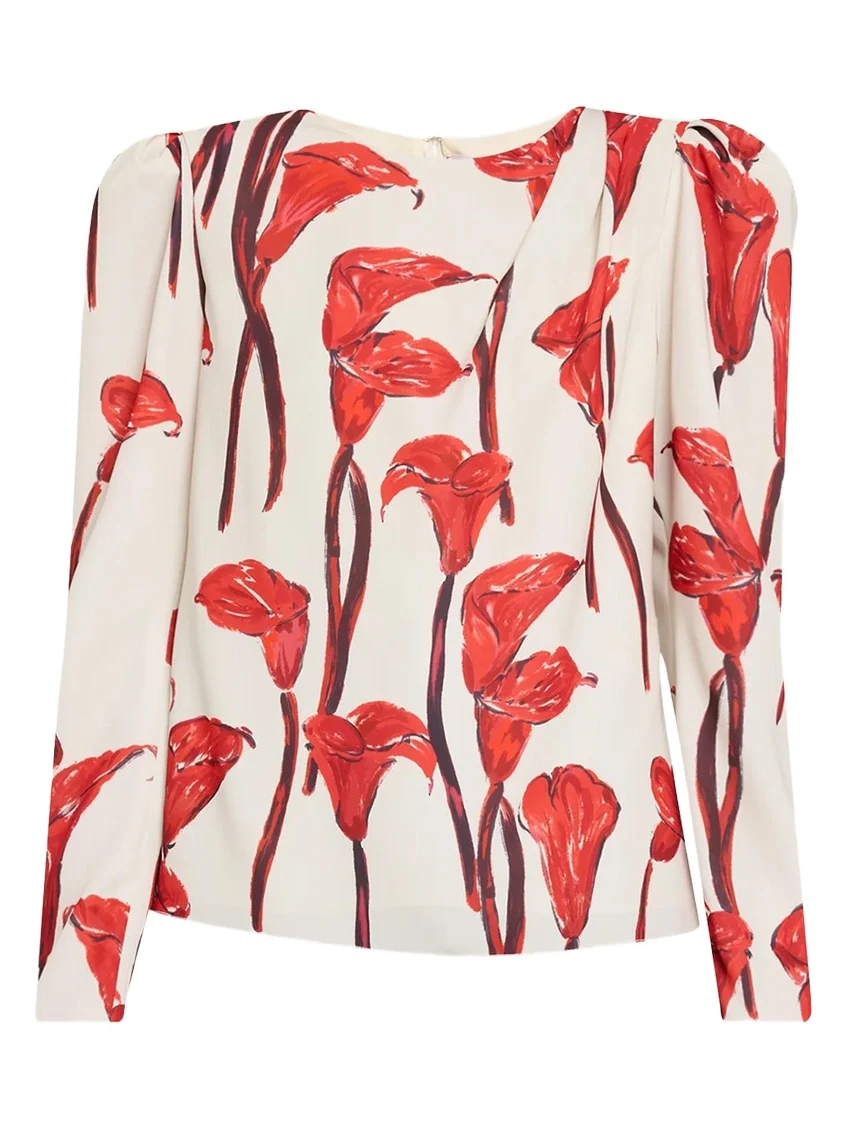 Cala Lily Crepe Draped-Sleeve Blouse