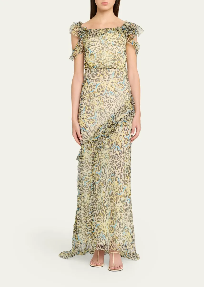 Saloni Nina Leopard Ruffled Chiffon Dress | Thumbnail 2
