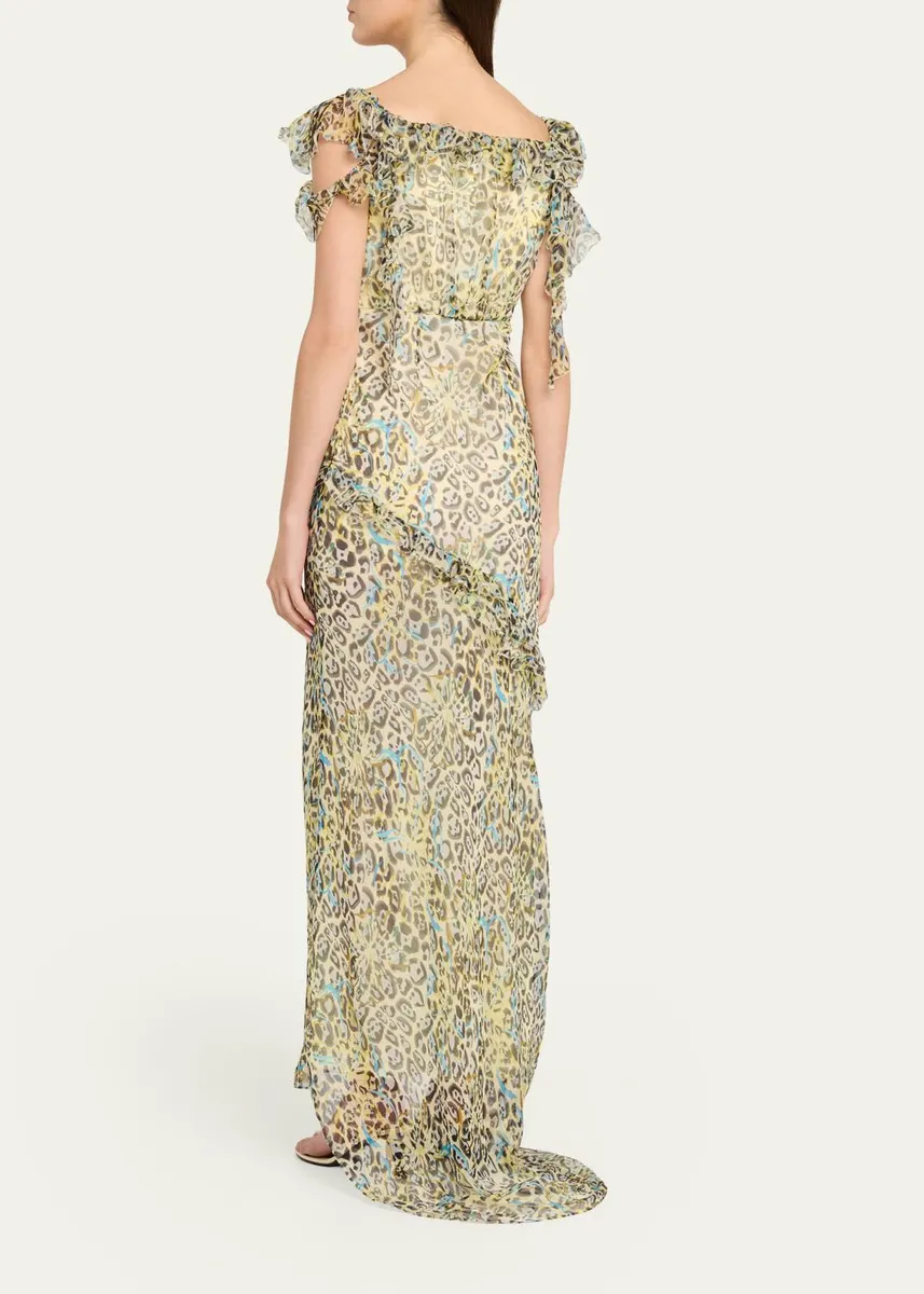 Saloni Nina Leopard Ruffled Chiffon Dress | Thumbnail 3