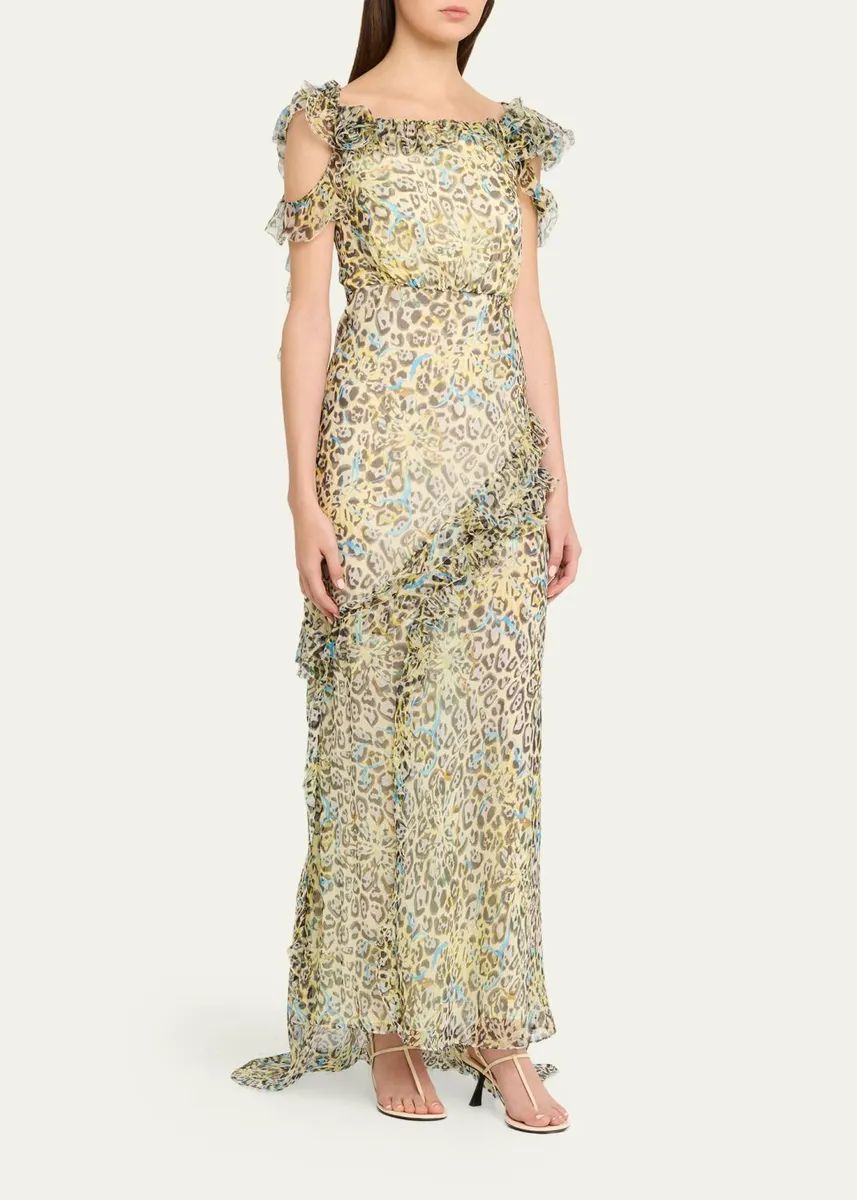 Saloni Nina Leopard Ruffled Chiffon Dress | Thumbnail 4