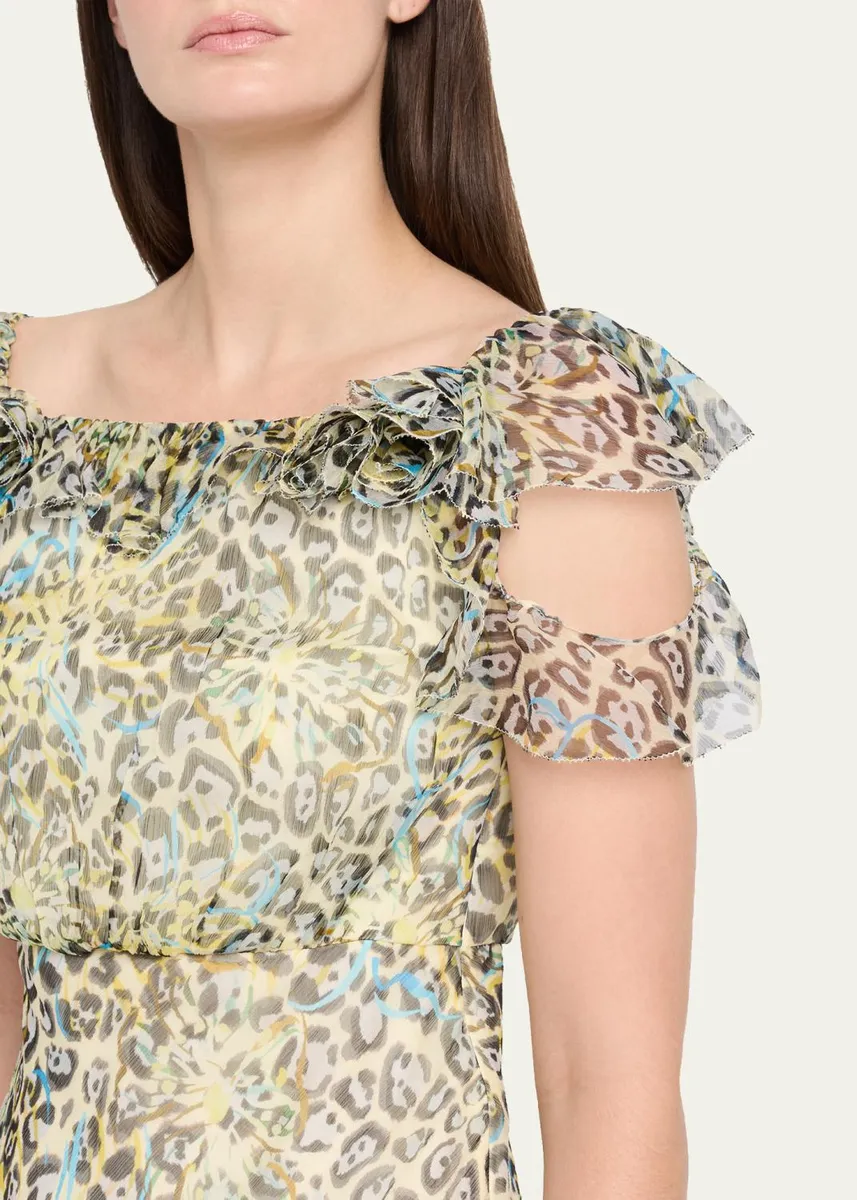 Saloni Nina Leopard Ruffled Chiffon Dress | Thumbnail 5