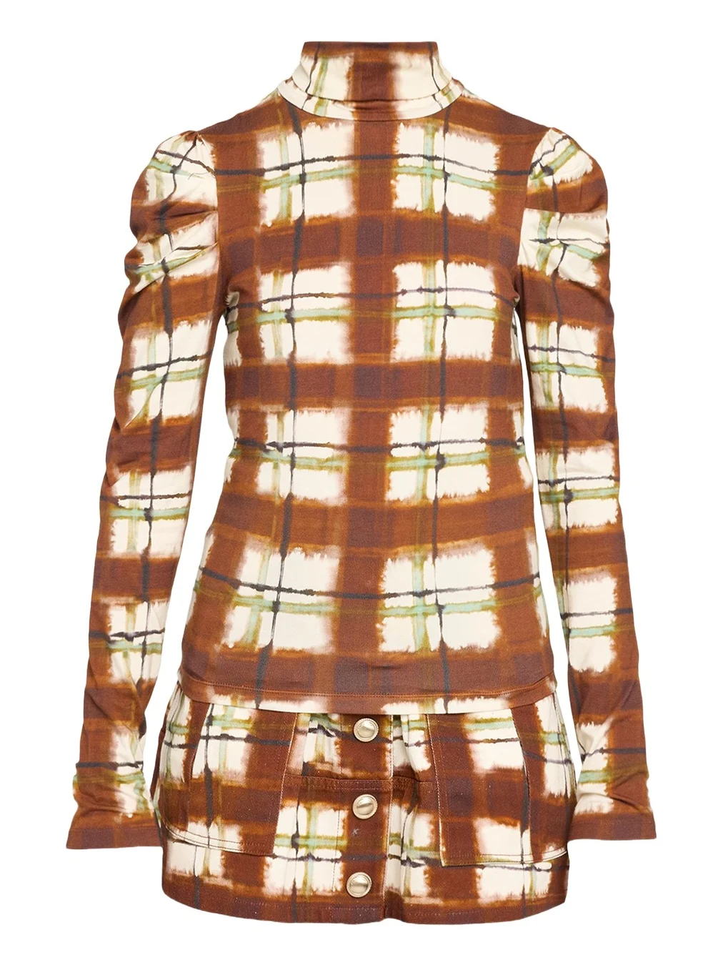 Cara Cara Chira Blurred Plaid Turtleneck Top