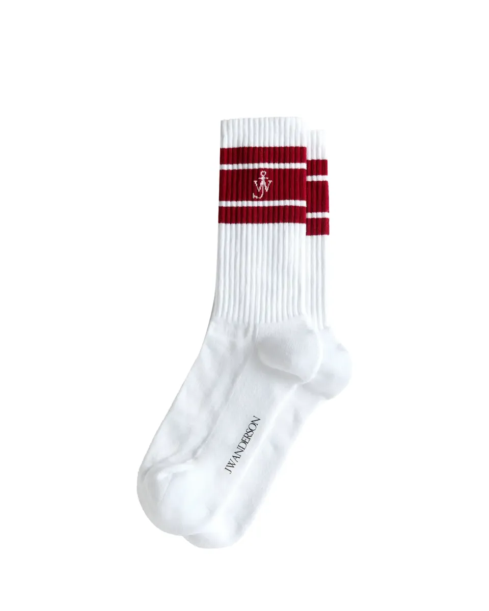 JW Anderson Men's Ribbed Stripe Monogram Mid-Calf Sport Socks | Thumbnail 2 JW Anderson Men's Ribbed Stripe Monogram Mid-Calf Sport Socks | Thumbnail 2