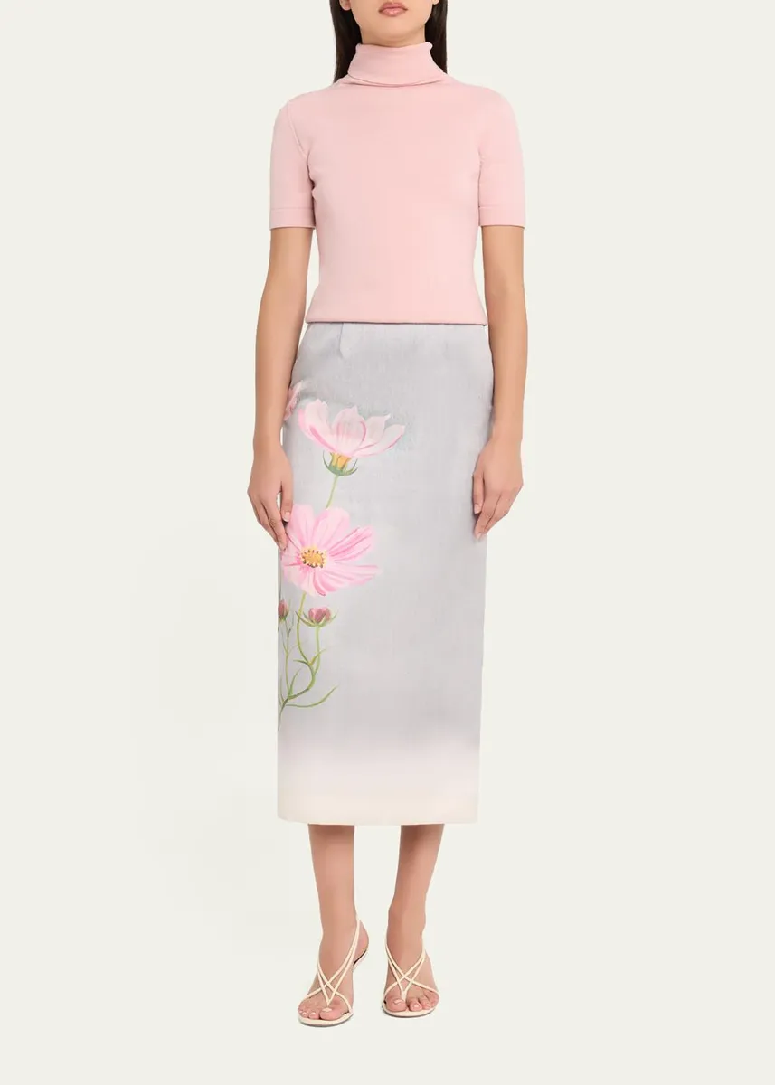 Oscar de la Renta Cosmos Flower-Print Satin Midi Skirt | Thumbnail 2 Oscar de la Renta Cosmos Flower-Print Satin Midi Skirt | Thumbnail 2
