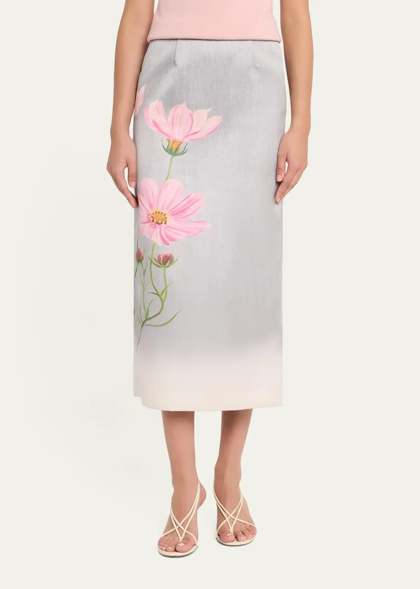 Oscar de la Renta Cosmos Flower-Print Satin Midi Skirt | Thumbnail 4 Oscar de la Renta Cosmos Flower-Print Satin Midi Skirt | Thumbnail 4