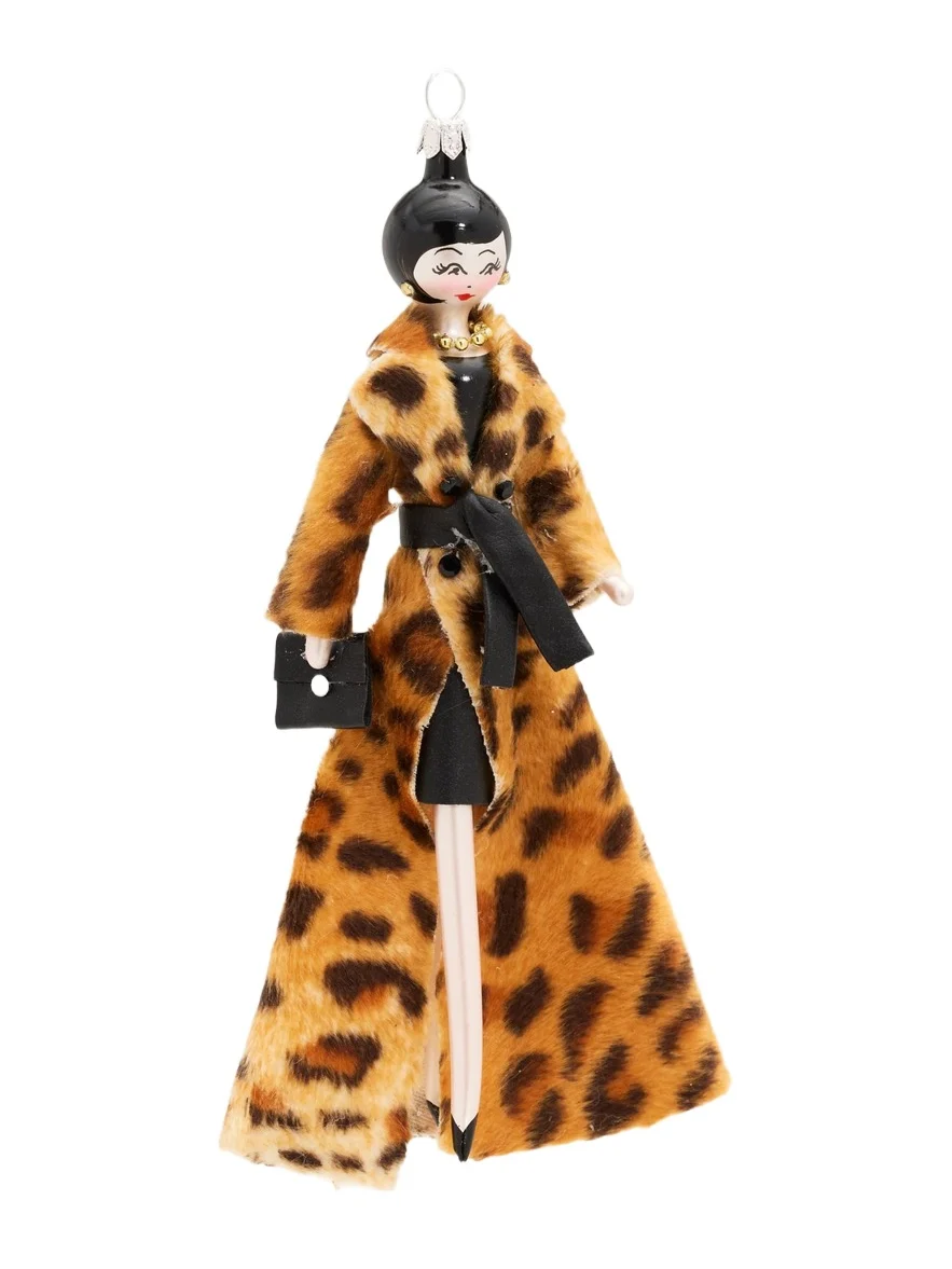 De Carlini Embellished Lady In Leopard Glass Ornament