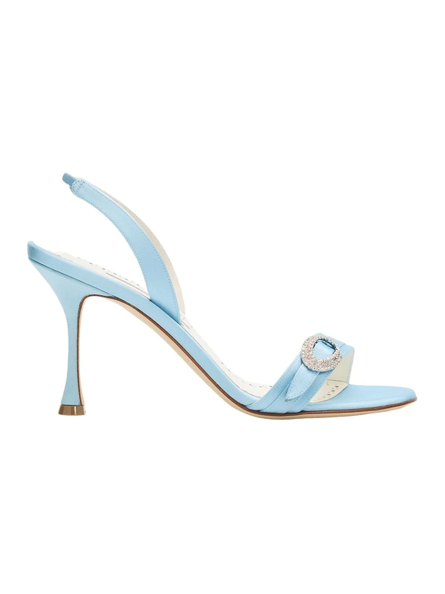 Manolo Blahnik 90mm Zutosan Satin Embellished Buckle Slingback Sandals