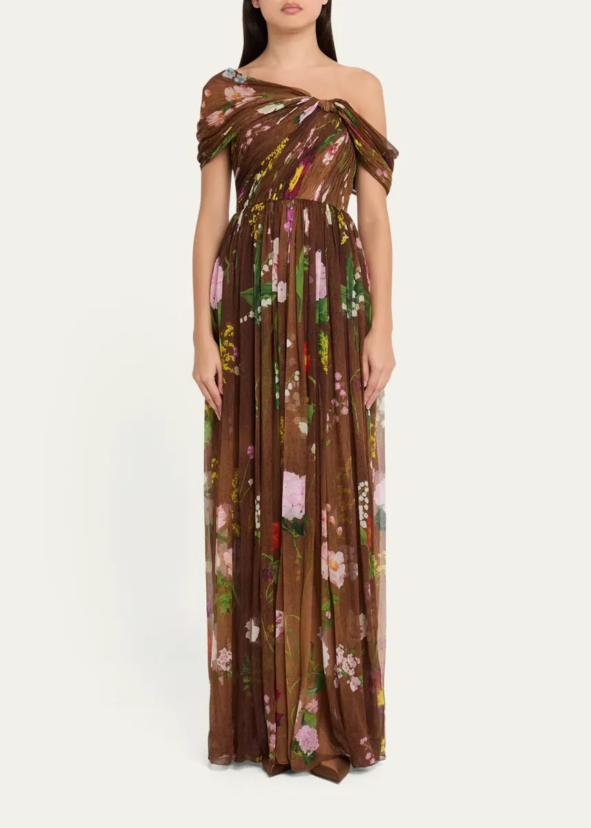 Oscar de la Renta One-Shoulder Mixed Botanical Silk Chiffon Gown | Thumbnail 2 Oscar de la Renta One-Shoulder Mixed Botanical Silk Chiffon Gown | Thumbnail 2