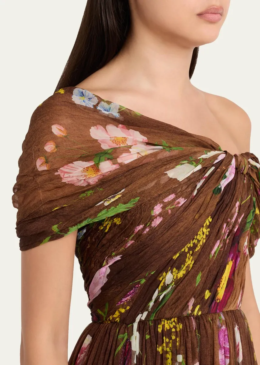 Oscar de la Renta One-Shoulder Mixed Botanical Silk Chiffon Gown | Thumbnail 5 Oscar de la Renta One-Shoulder Mixed Botanical Silk Chiffon Gown | Thumbnail 5