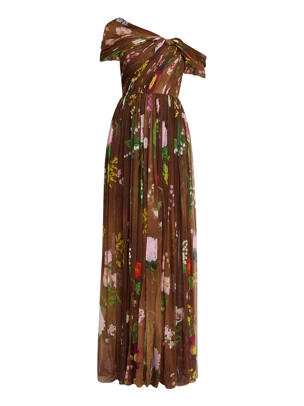 One-Shoulder Mixed Botanical Silk Chiffon Gown One-Shoulder Mixed Botanical Silk Chiffon Gown