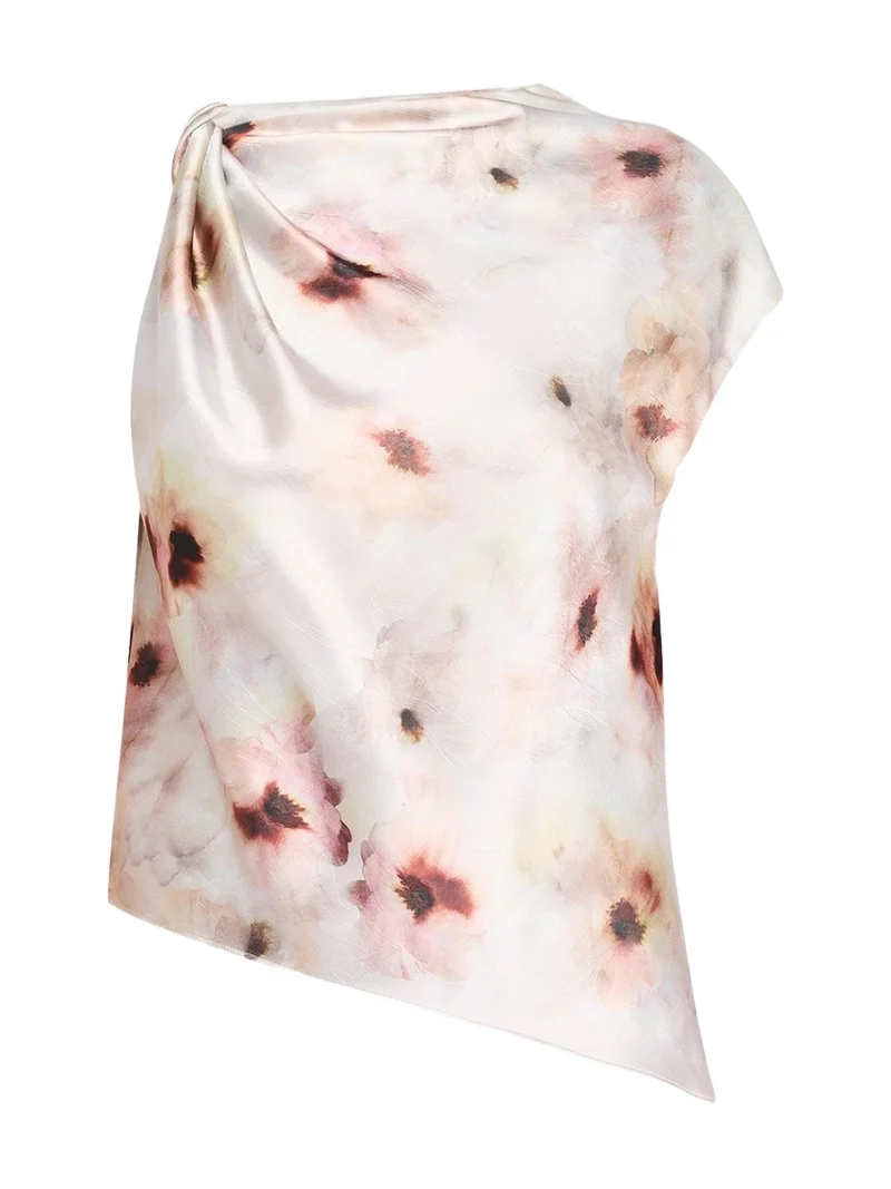 Vince Watercolor Floral Satin Twisted Asymmetric Top