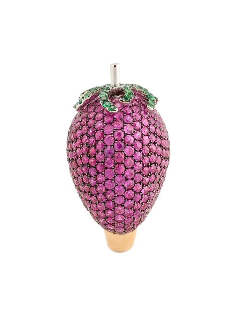 18K Gold Ruby Strawberry Ring with Tsavorites
