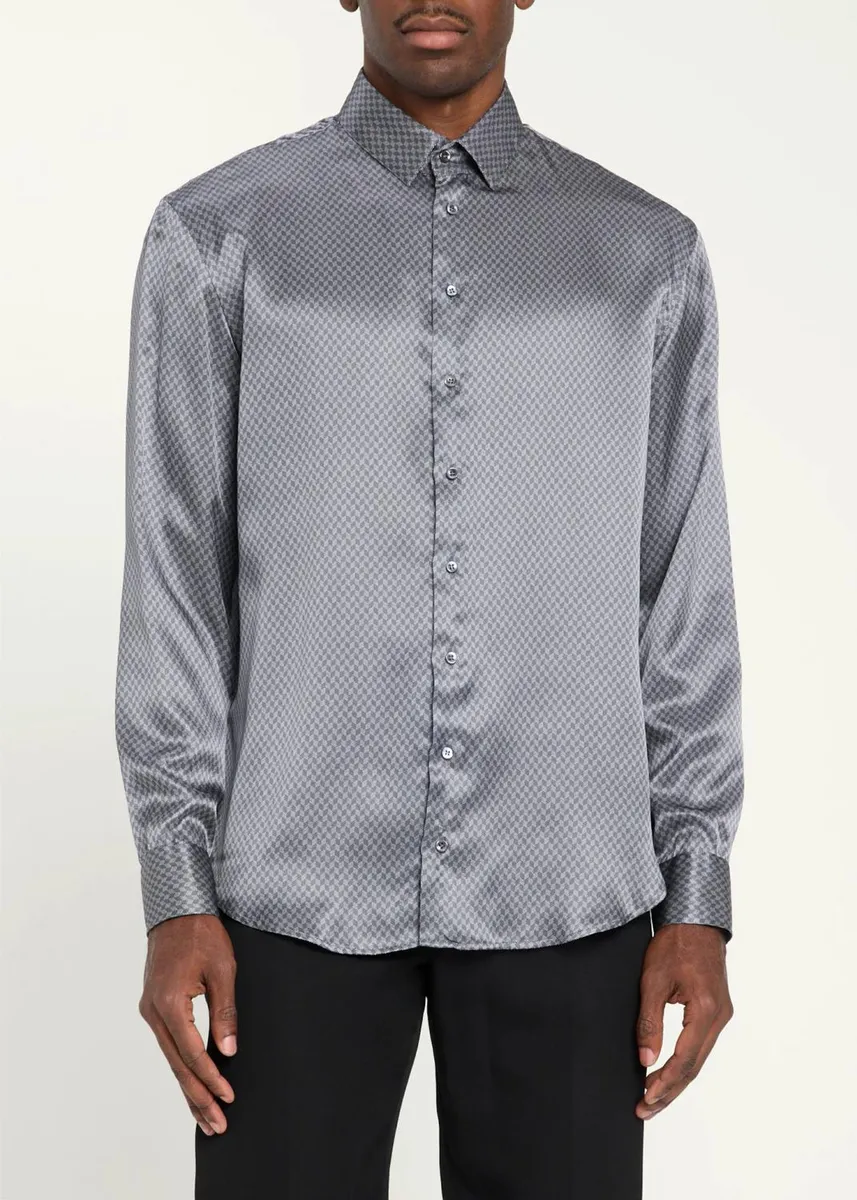 Giorgio Armani Men's Silk Chevron Button-Front Shirt | Thumbnail 4 Giorgio Armani Men's Silk Chevron Button-Front Shirt | Thumbnail 4