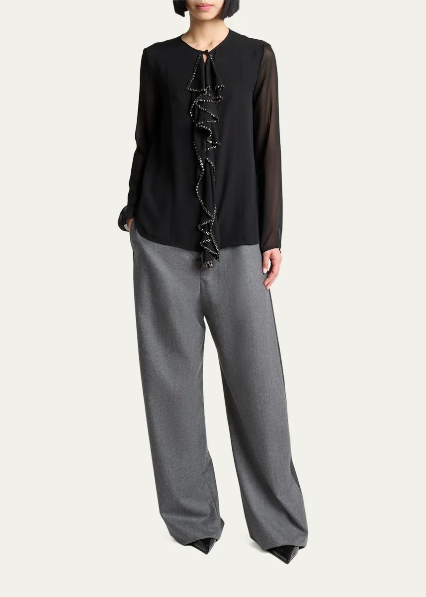 Lanvin Embroidered Ruffle Silk Georgette Long-Sleeve Blouse | Thumbnail 2 Lanvin Embroidered Ruffle Silk Georgette Long-Sleeve Blouse | Thumbnail 2