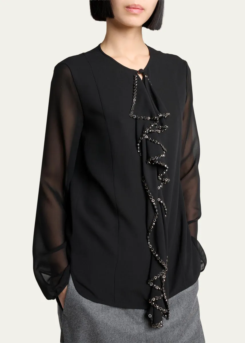 Lanvin Embroidered Ruffle Silk Georgette Long-Sleeve Blouse | Thumbnail 5 Lanvin Embroidered Ruffle Silk Georgette Long-Sleeve Blouse | Thumbnail 5