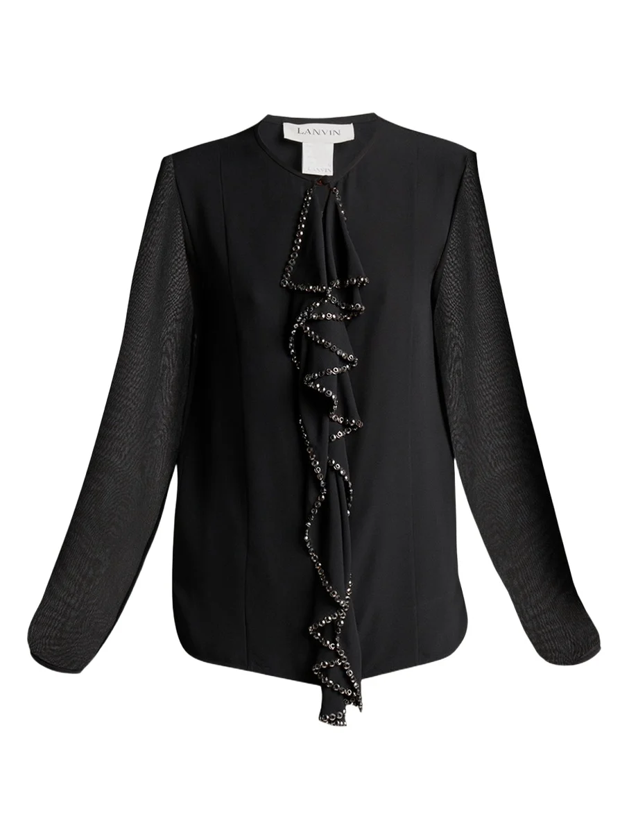Lanvin Embroidered Ruffle Silk Georgette Long-Sleeve Blouse