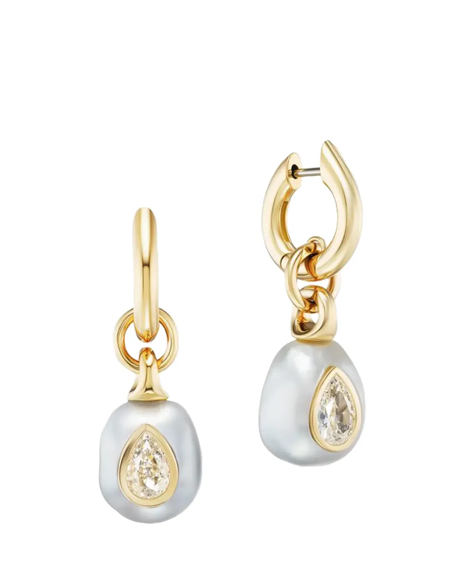 Uniform Object 18K South Sea Pearl Drop Carriage Huggie Earrings with Pear Brilliant Diamonds | Thumbnail 2 Uniform Object 18K South Sea Pearl Drop Carriage Huggie Earrings with Pear Brilliant Diamonds | Thumbnail 2