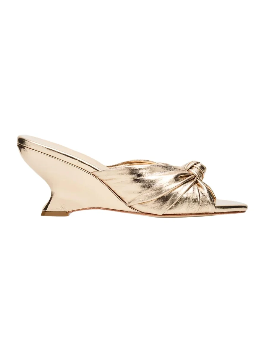 75mm Marsy Metallic Leather Angled Wedge Mules