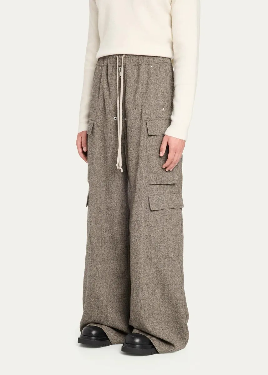 Rick Owens Men's Melange Wool Wide-Leg Drawstring Cargo Pants | Thumbnail 4