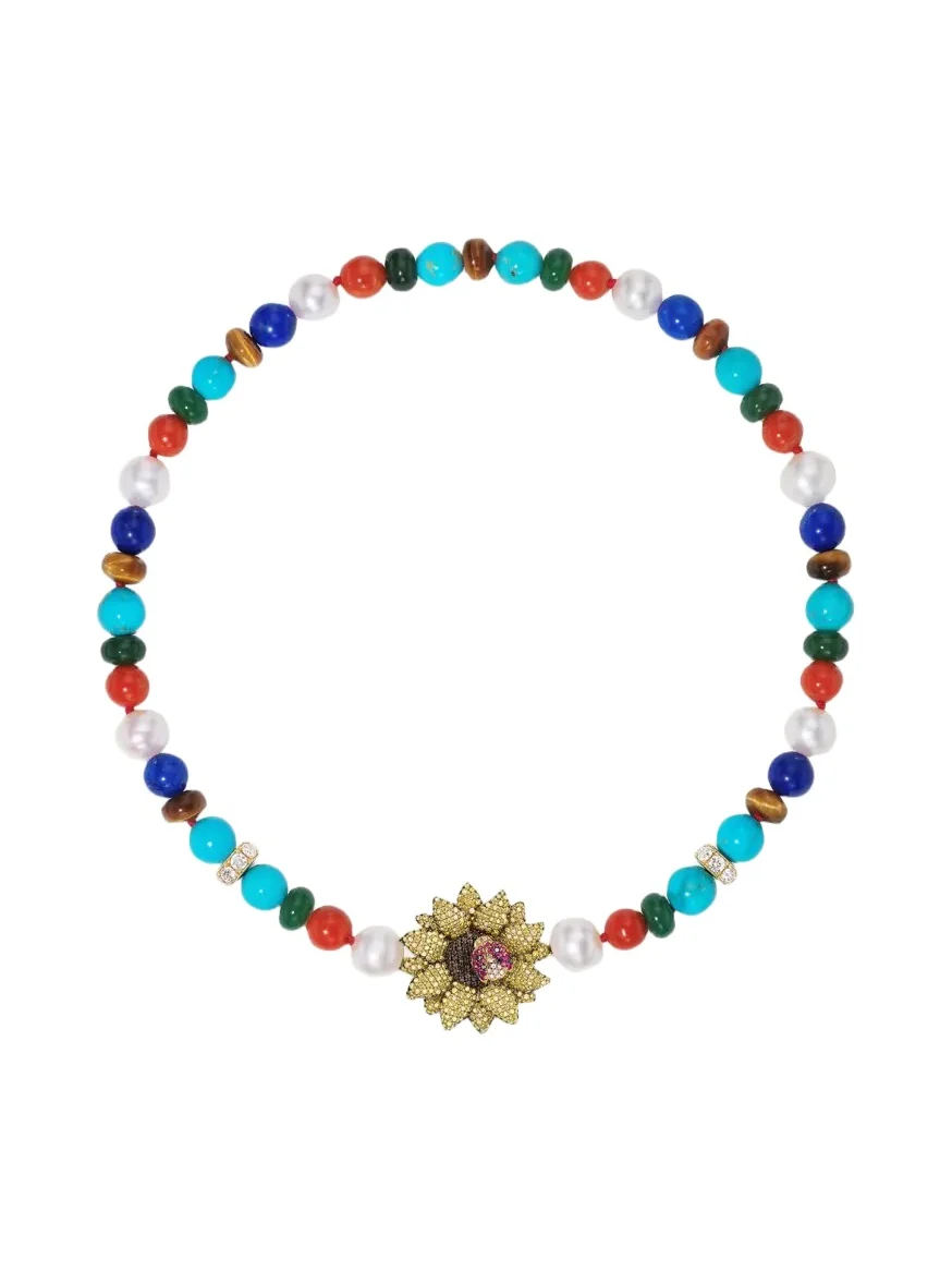 18K Semiprecious Necklace with Sunflower Clasp and Ladybug 18K Semiprecious Necklace with Sunflower Clasp and Ladybug