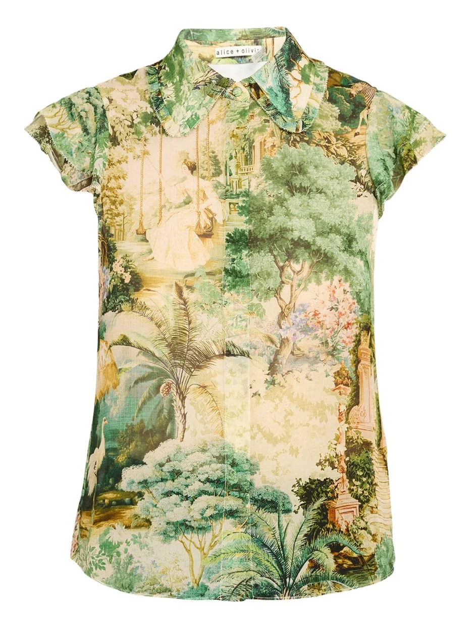 Alice + Olivia Martel Flutter-Sleeve Blouse