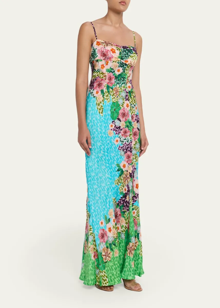 Saloni Renee Long Floral Silk Spaghetti-Strap Dress | Thumbnail 4