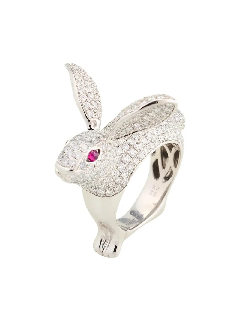 18K White Gold Diamond Bunny Ring with Rubies