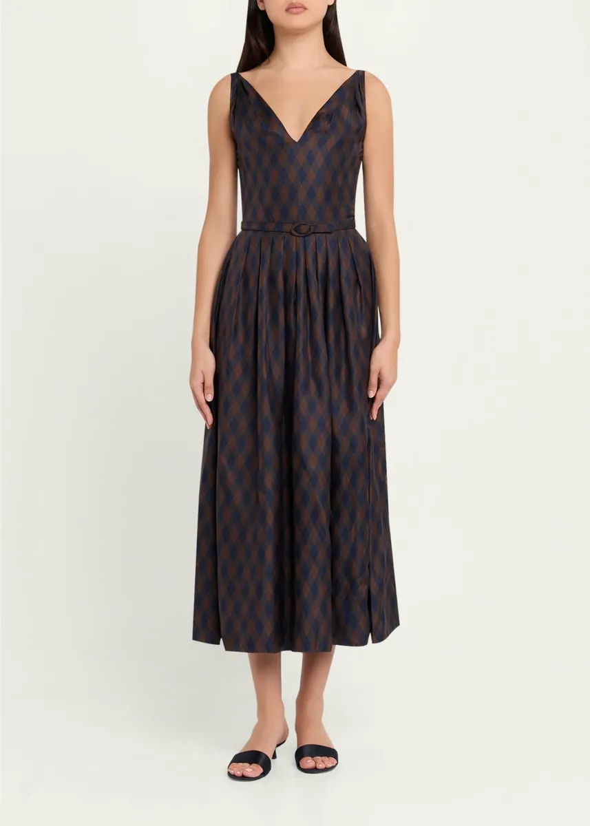 Oscar de la Renta Sleeveless Argyle Silk Belted Midi Dress | Thumbnail 2 Oscar de la Renta Sleeveless Argyle Silk Belted Midi Dress | Thumbnail 2