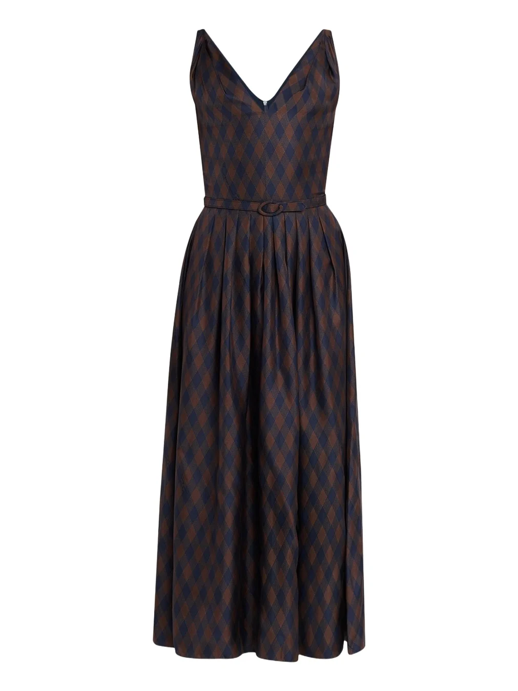 Sleeveless Argyle Silk Belted Midi Dress