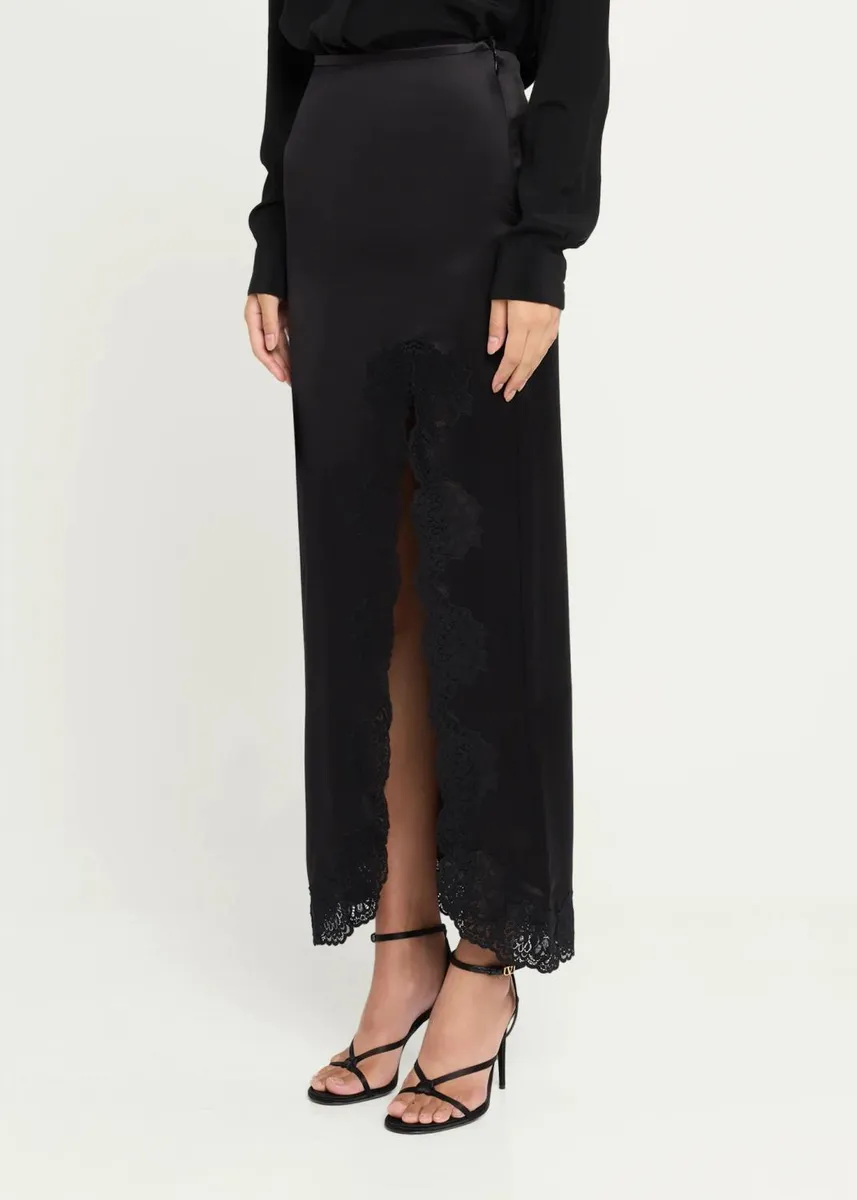 Valentino Garavani Lace-Trim Silk Satin Maxi Slit Skirt | Thumbnail 4 Valentino Garavani Lace-Trim Silk Satin Maxi Slit Skirt | Thumbnail 4
