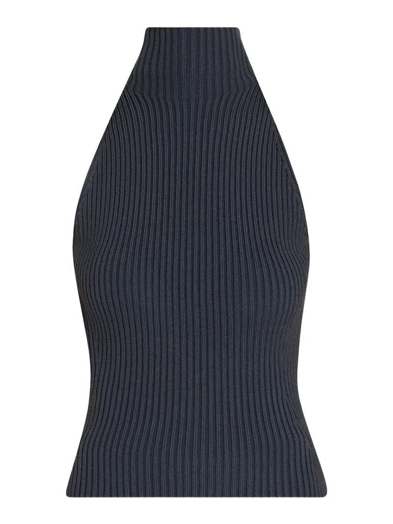Mock-Neck Wool-Blend Rib Halter Top