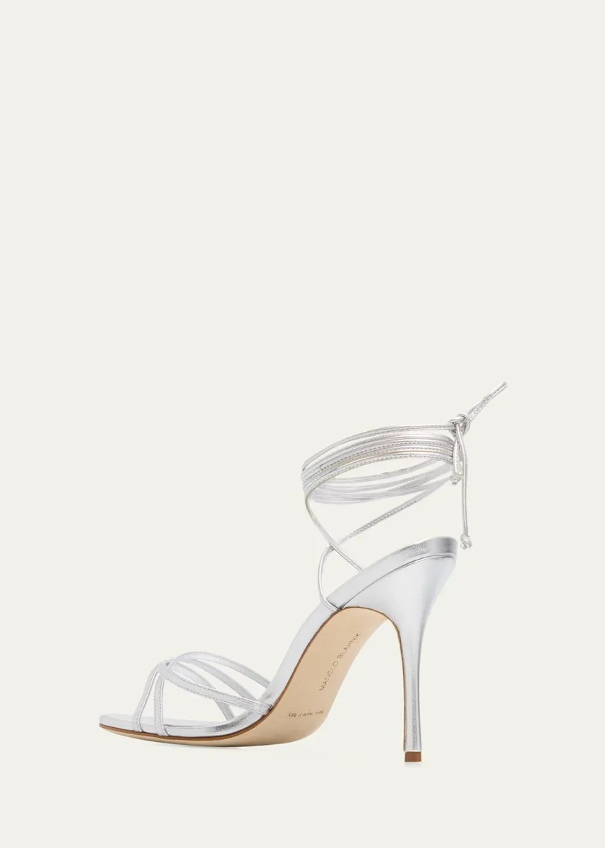 Manolo Blahnik 105mm Leva Metallic Leather Ankle-Tie Sandals | Thumbnail 2 Manolo Blahnik 105mm Leva Metallic Leather Ankle-Tie Sandals | Thumbnail 2