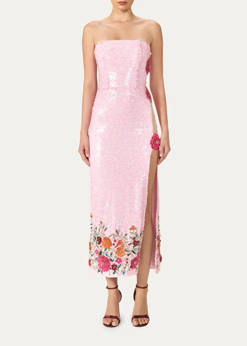Costarellos Harlee Strapless Flower Sequined Slit Midi Dress | Thumbnail 2 Costarellos Harlee Strapless Flower Sequined Slit Midi Dress | Thumbnail 2