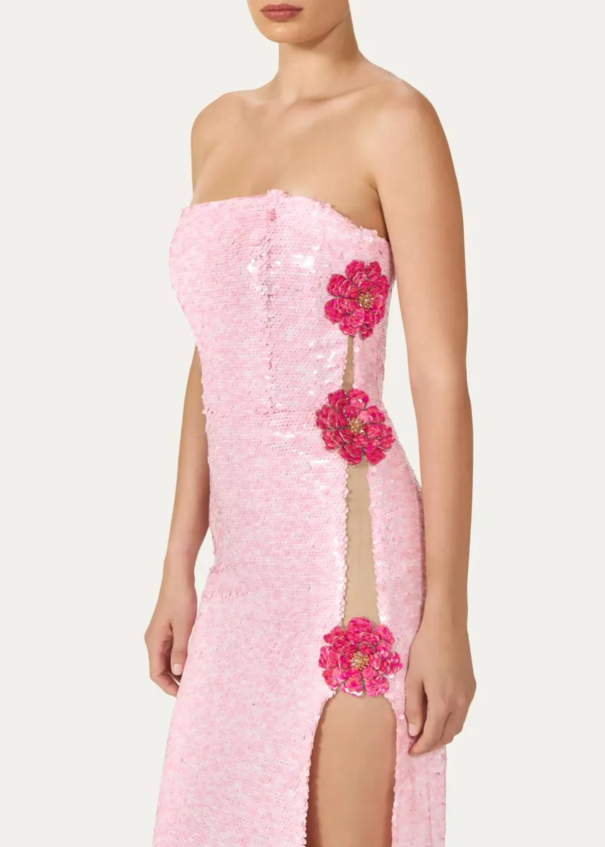 Costarellos Harlee Strapless Flower Sequined Slit Midi Dress | Thumbnail 4 Costarellos Harlee Strapless Flower Sequined Slit Midi Dress | Thumbnail 4