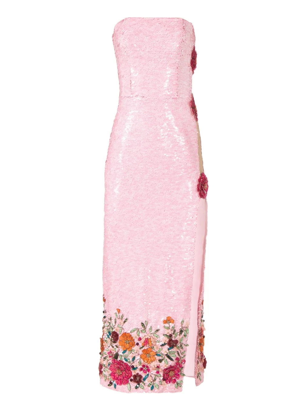 Costarellos Harlee Strapless Flower Sequined Slit Midi Dress