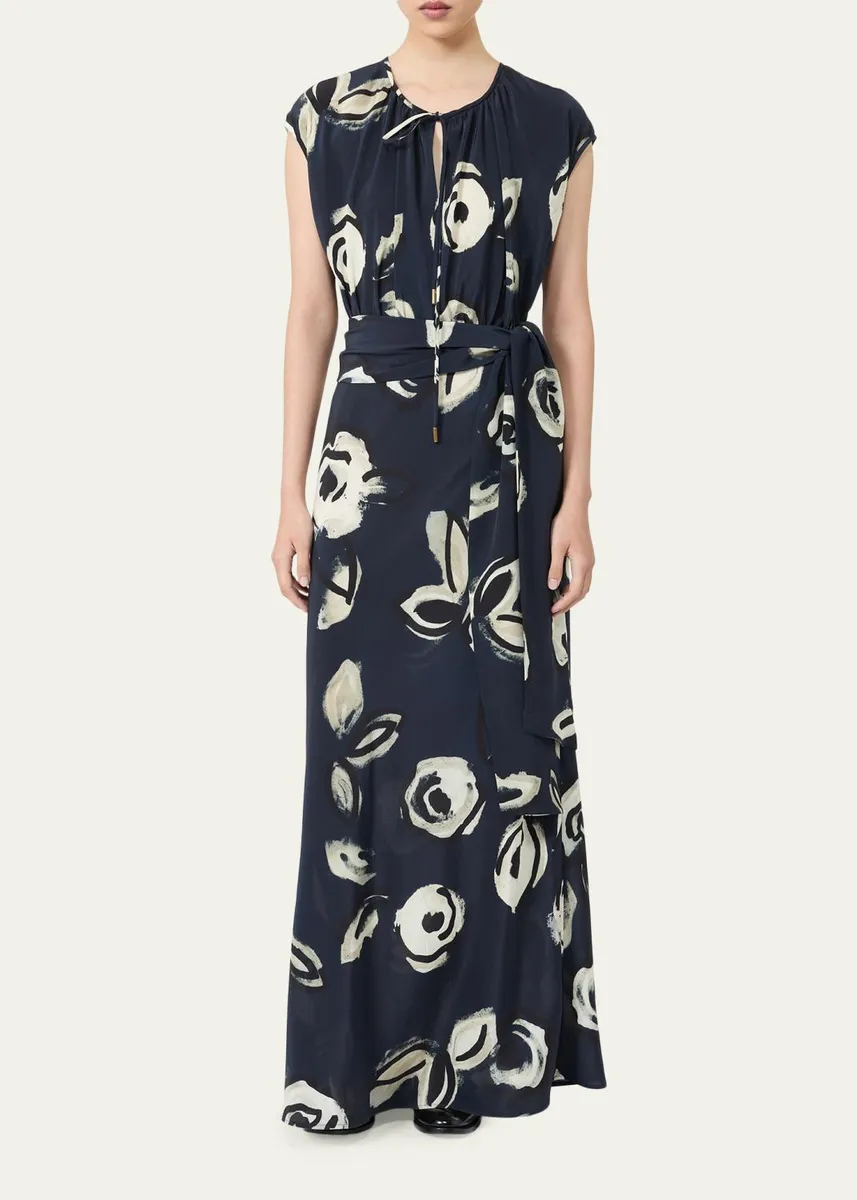 Max Mara Cap-Sleeve Floral-Print Silk Belted Maxi Dress | Thumbnail 2 Max Mara Cap-Sleeve Floral-Print Silk Belted Maxi Dress | Thumbnail 2