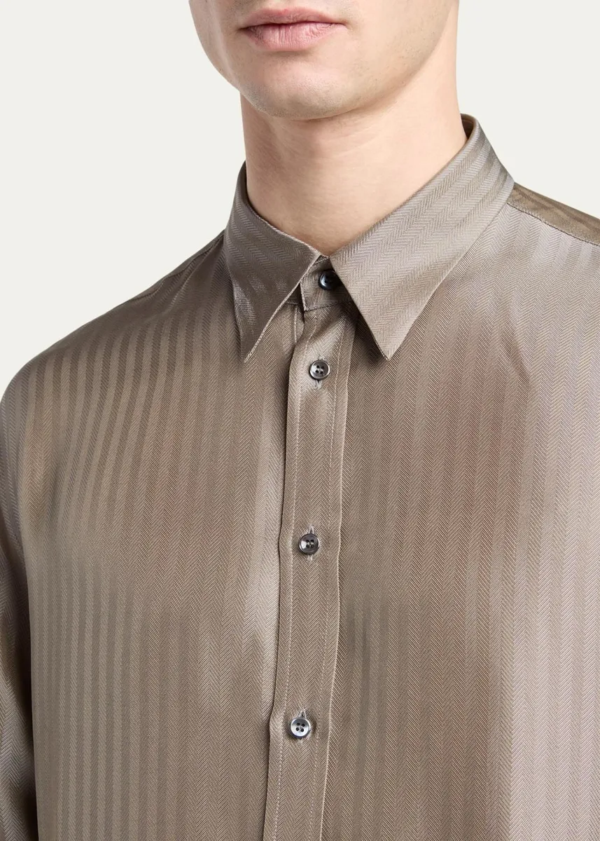 Giorgio Armani Men's Silk-Blend Micro-Chevron Button-Down Shirt | Thumbnail 5 Giorgio Armani Men's Silk-Blend Micro-Chevron Button-Down Shirt | Thumbnail 5