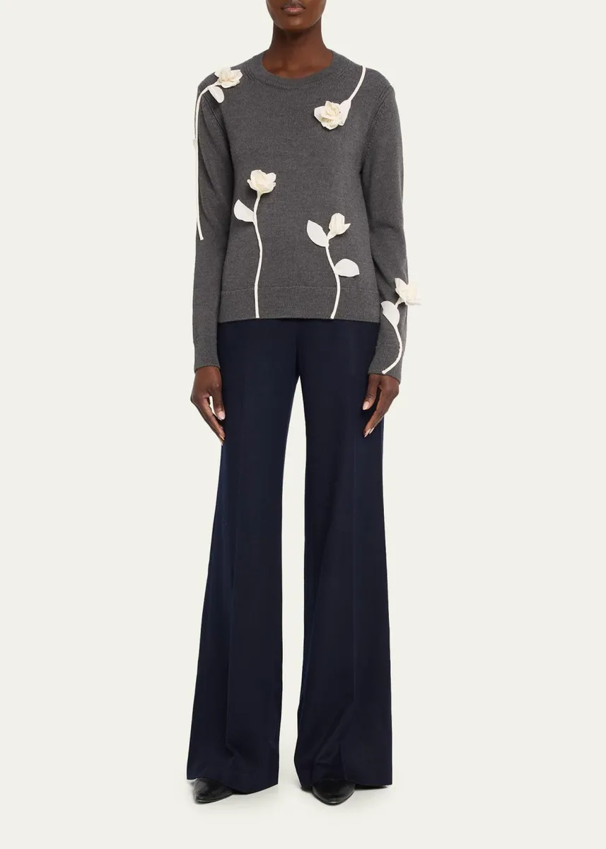 Lafayette 148 New York Floral Applique Crewneck Wool Sweater | Thumbnail 2 Lafayette 148 New York Floral Applique Crewneck Wool Sweater | Thumbnail 2