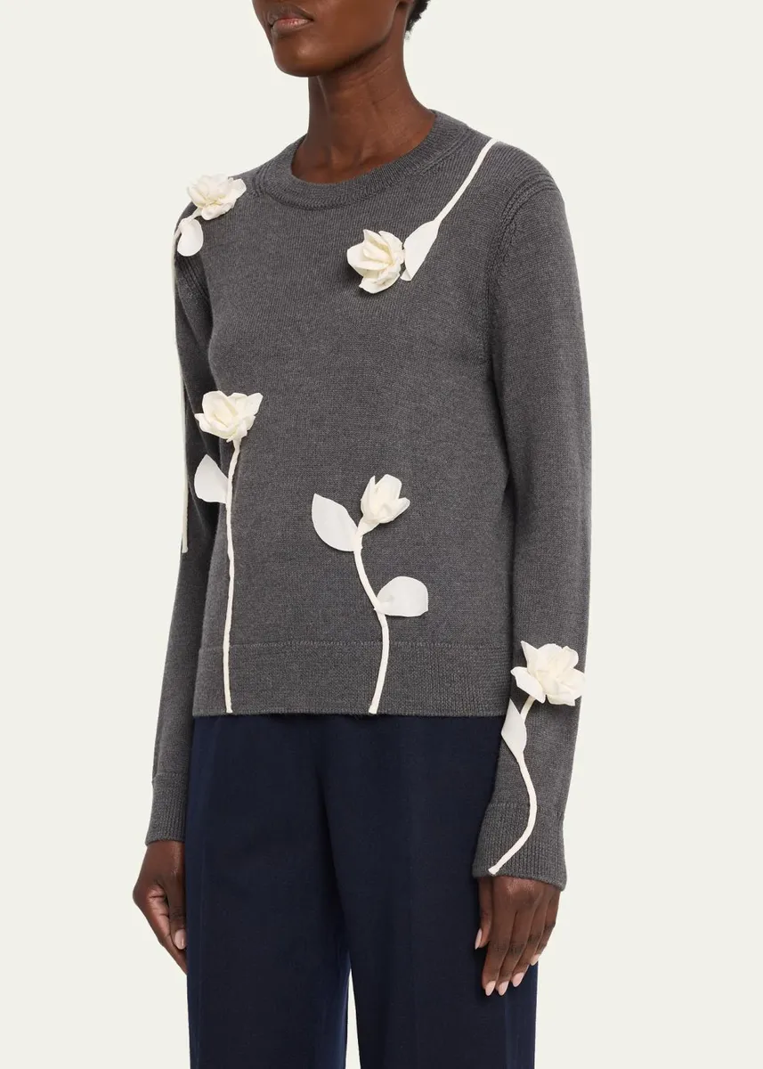 Lafayette 148 New York Floral Applique Crewneck Wool Sweater | Thumbnail 4 Lafayette 148 New York Floral Applique Crewneck Wool Sweater | Thumbnail 4