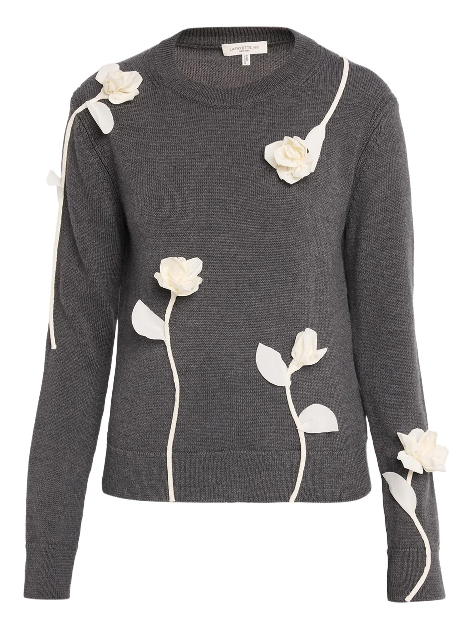 Lafayette 148 New York Floral Applique Crewneck Wool Sweater