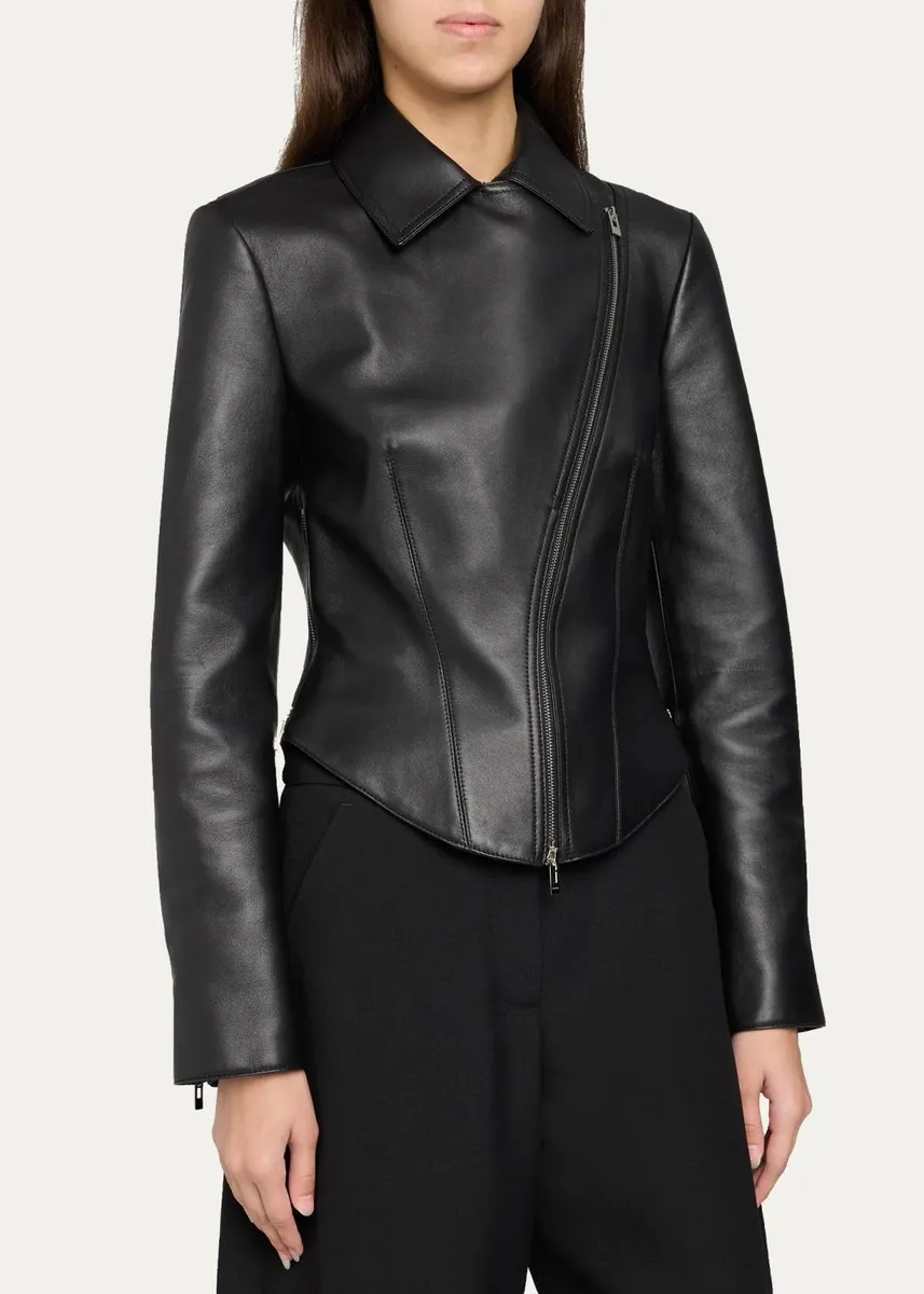ALAÏA Soft Lamb Leather Fitted Biker Jacket | Thumbnail 4