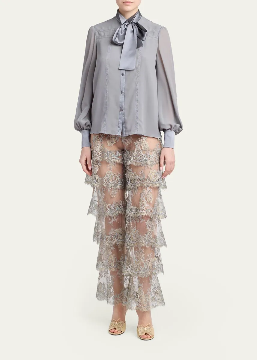 Valentino Garavani Pussy-Bow Collar Silk-Blend Lace Shirt | Thumbnail 2